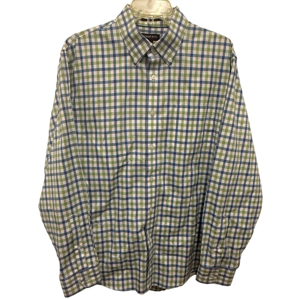 Vintage Lands End Size Mens L 16 16.5  Cotton Plaid blue green white